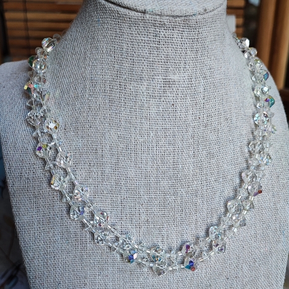 Opera Length Heavily Faceted Vintage Aurora Borealis Clear Crystal Necklace EUC - Picture 2 of 8